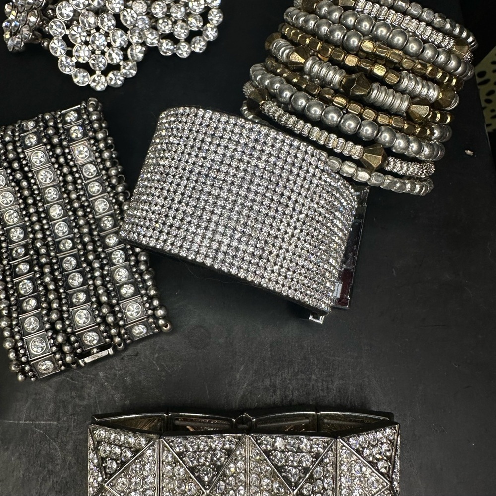 Silver and Gold Tone Statement Rhinestone Sparkle Party Evening Bracelet Lot Set - Picture 4 of 6